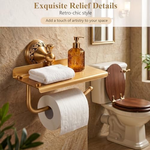 Vintage Wall Toilet Paper Holder, Antique Brass Toilet Paper Holder with Phone Shelf, Bathroom Toilet Paper Roll Holder, Pattern Carving Design