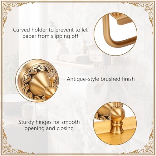 Vintage Wall Toilet Paper Holder, Antique Brass Toilet Paper Holder with Phone Shelf, Bathroom Toilet Paper Roll Holder, Pattern Carving Design