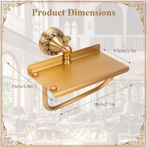 Vintage Wall Toilet Paper Holder, Antique Brass Toilet Paper Holder with Phone Shelf, Bathroom Toilet Paper Roll Holder, Pattern Carving Design