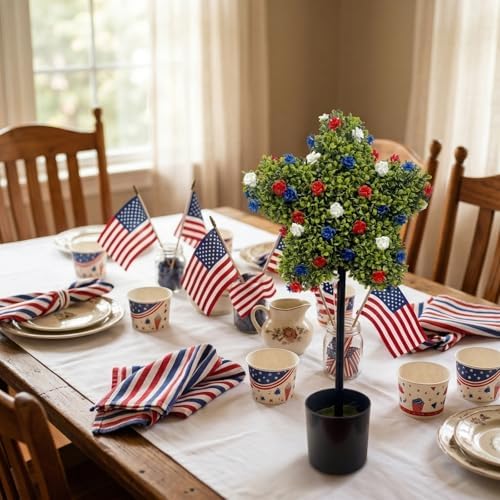 Premium Large Artificial Five-Pointed Star Shaped Patriotic Topiary Tree, 4th of July Decoration,1776-2026 USA 250th Anniversary Merchandise for Front Door Outdoor Decor(23.6''H Red White Blue)