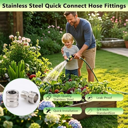 Gugxiom 5Pcs Stainless Steel Garden Hose Quick Connect Fittings Set, 3/4 Inch Water Hose Quick Connect Fittings, for Hoses Sprayers (10, Silver)