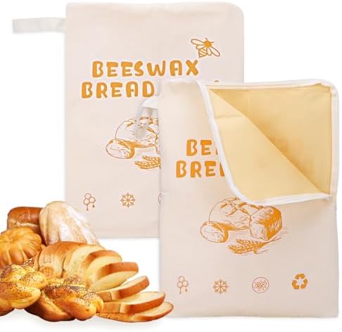Gugxiom 2Pcs Reusable Beeswax Bread Bags with Zip Closure, 13 x 17 in Cotton Linen Bread Storage Bags for Homemade Breads, for Sourdough, Baguettes, and Artisan Breads for Freezer & Refrigerator
