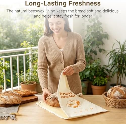 Gugxiom 2Pcs Reusable Beeswax Bread Bags with Zip Closure, 13 x 17 in Cotton Linen Bread Storage Bags for Homemade Breads, for Sourdough, Baguettes, and Artisan Breads for Freezer & Refrigerator