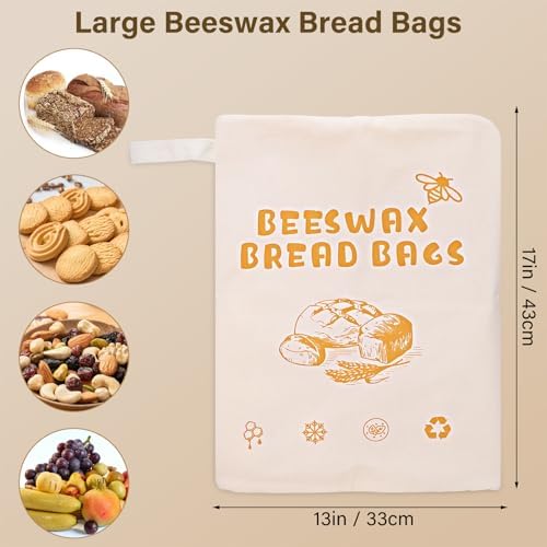 Gugxiom 2Pcs Reusable Beeswax Bread Bags with Zip Closure, 13 x 17 in Cotton Linen Bread Storage Bags for Homemade Breads, for Sourdough, Baguettes, and Artisan Breads for Freezer & Refrigerator