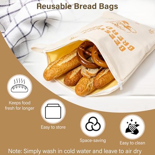 Gugxiom 2Pcs Reusable Beeswax Bread Bags with Zip Closure, 13 x 17 in Cotton Linen Bread Storage Bags for Homemade Breads, for Sourdough, Baguettes, and Artisan Breads for Freezer & Refrigerator