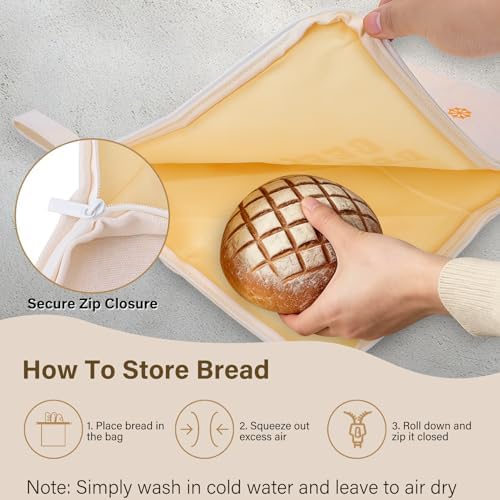 Gugxiom 2Pcs Reusable Beeswax Bread Bags with Zip Closure, 13 x 17 in Cotton Linen Bread Storage Bags for Homemade Breads, for Sourdough, Baguettes, and Artisan Breads for Freezer & Refrigerator