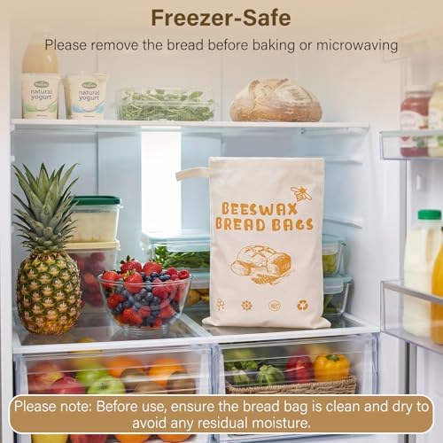 Gugxiom 2Pcs Reusable Beeswax Bread Bags with Zip Closure, 13 x 17 in Cotton Linen Bread Storage Bags for Homemade Breads, for Sourdough, Baguettes, and Artisan Breads for Freezer & Refrigerator