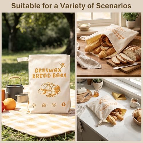 Gugxiom 2Pcs Reusable Beeswax Bread Bags with Zip Closure, 13 x 17 in Cotton Linen Bread Storage Bags for Homemade Breads, for Sourdough, Baguettes, and Artisan Breads for Freezer & Refrigerator