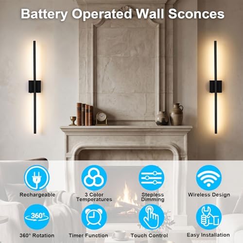 Gugxiom 2Pcs 10000mAh Battery Operated Wall Sconces, Wireless Wall Lights, 71cm/28in, Touch Control & 360° Adjustment, for Living Room Hallway Bedroom Dining Room (Black)
