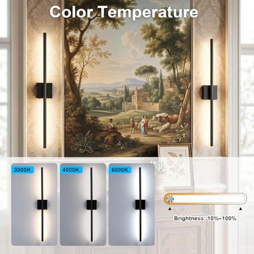 Gugxiom 2Pcs 10000mAh Battery Operated Wall Sconces, Wireless Wall Lights, 71cm/28in, Touch Control & 360° Adjustment, for Living Room Hallway Bedroom Dining Room (Black)