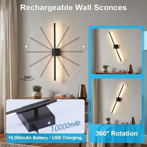 Gugxiom 2Pcs 10000mAh Battery Operated Wall Sconces, Wireless Wall Lights, 71cm/28in, Touch Control & 360° Adjustment, for Living Room Hallway Bedroom Dining Room (Black)