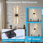 Gugxiom 2Pcs 10000mAh Battery Operated Wall Sconces, Wireless Wall Lights, 71cm/28in, Touch Control & 360° Adjustment, for Living Room Hallway Bedroom Dining Room (Black)