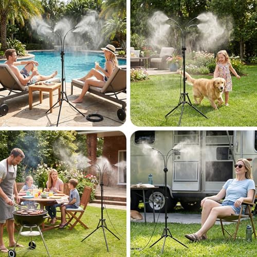 Gugxiom 5.3FT Standing Misters for Outside Patio, 26.5FT Water Supply Line & Adjustable Height & 5 Brass Nozzles, Portable Water Mister for Patio BBQ Pool
