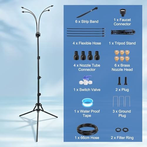 Gugxiom 5.3FT Standing Misters for Outside Patio, 26.5FT Water Supply Line & Adjustable Height & 5 Brass Nozzles, Portable Water Mister for Patio BBQ Pool