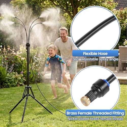 Gugxiom 5.3FT Standing Misters for Outside Patio, 26.5FT Water Supply Line & Adjustable Height & 5 Brass Nozzles, Portable Water Mister for Patio BBQ Pool