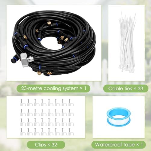 Gugxiom 75FT/23M Misters for Outside Patio, with 23 Mist Nozzles+3/4" Brass Adapter, Outdoor Misters for Patio Cooling, for Garden Patio Backyard Greenhouse Horse Corral (23 Meters (75 ft))