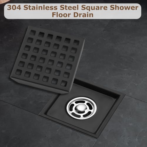 Gugxiom Square Shower Floor Drain, 4 3/8 Inch 304 Stainless Steel Shower Drain Kit with Removable Grid Cover, ABS Flange and Hair Strainer (4in)