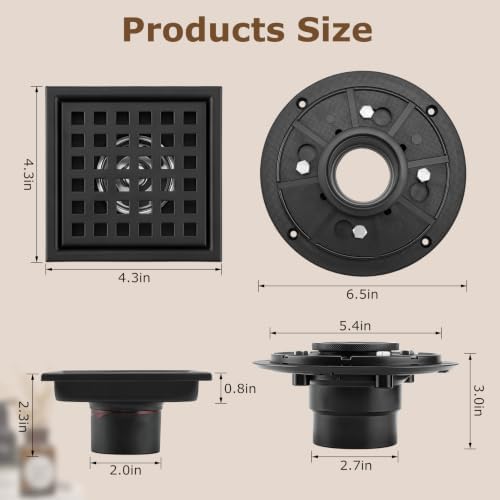 Gugxiom Square Shower Floor Drain, 4 3/8 Inch 304 Stainless Steel Shower Drain Kit with Removable Grid Cover, ABS Flange and Hair Strainer (4in)