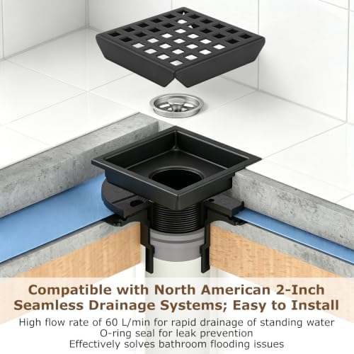 Gugxiom Square Shower Floor Drain, 4 3/8 Inch 304 Stainless Steel Shower Drain Kit with Removable Grid Cover, ABS Flange and Hair Strainer (4in)