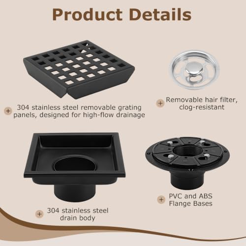 Gugxiom Square Shower Floor Drain, 4 3/8 Inch 304 Stainless Steel Shower Drain Kit with Removable Grid Cover, ABS Flange and Hair Strainer (4in)