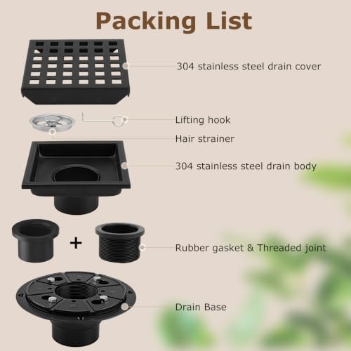 Gugxiom Square Shower Floor Drain, 4 3/8 Inch 304 Stainless Steel Shower Drain Kit with Removable Grid Cover, ABS Flange and Hair Strainer (4in)