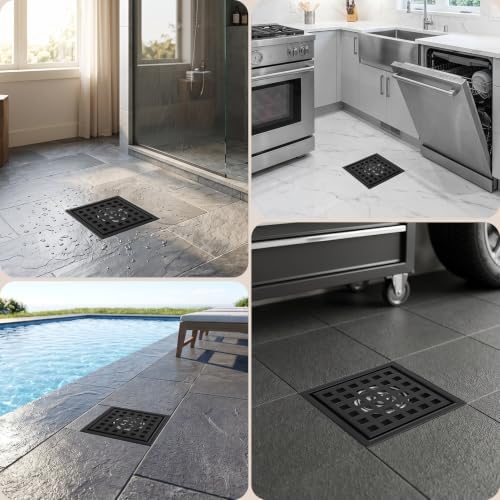 Gugxiom Square Shower Floor Drain, 4 3/8 Inch 304 Stainless Steel Shower Drain Kit with Removable Grid Cover, ABS Flange and Hair Strainer (4in)