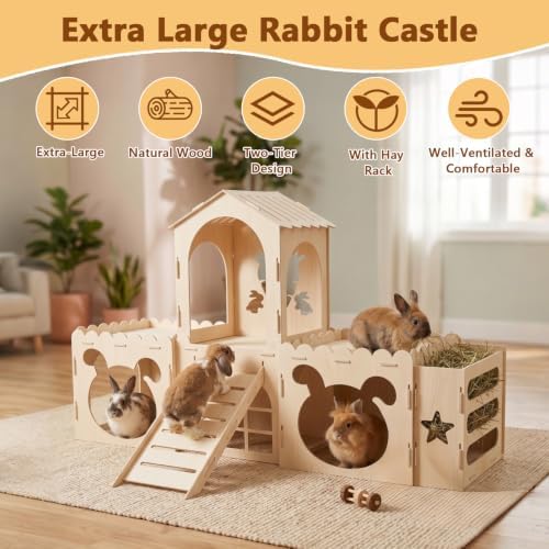 Extra Large Rabbit Castle, Bunny House Indoor, Detachable Hideaway, Hay Rack & Multistory & Ventilated & Sturdy, for Guinea Pig Chinchilla Ferret Rabbit