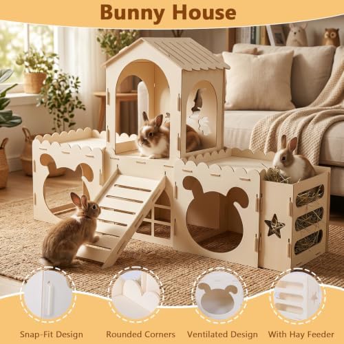 Extra Large Rabbit Castle, Bunny House Indoor, Detachable Hideaway, Hay Rack & Multistory & Ventilated & Sturdy, for Guinea Pig Chinchilla Ferret Rabbit