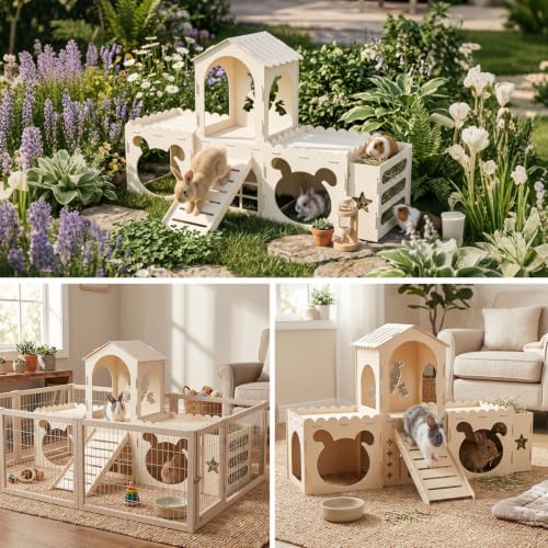 Extra Large Rabbit Castle, Bunny House Indoor, Detachable Hideaway, Hay Rack & Multistory & Ventilated & Sturdy, for Guinea Pig Chinchilla Ferret Rabbit