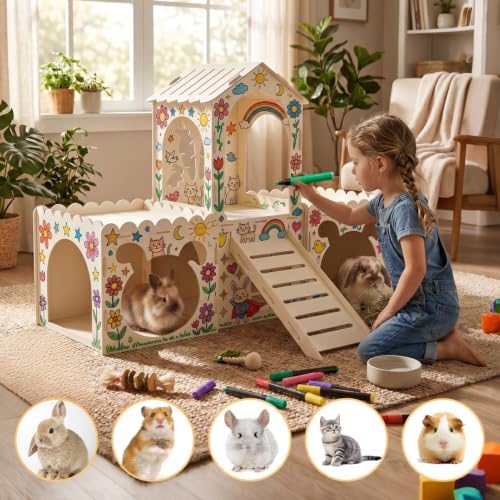 Extra Large Rabbit Castle, Bunny House Indoor, Detachable Hideaway, Hay Rack & Multistory & Ventilated & Sturdy, for Guinea Pig Chinchilla Ferret Rabbit