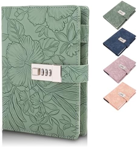 Diary with Lock for Women Girls, Vintage 3D Embossed Journal, 224 Pages & PU Leather & with Pen, Thickened Paper（Green）
