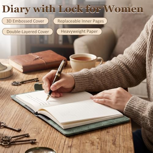 Diary with Lock for Women Girls, Vintage 3D Embossed Journal, 224 Pages & PU Leather & with Pen, Thickened Paper（Green）