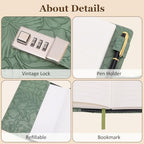 Diary with Lock for Women Girls, Vintage 3D Embossed Journal, 224 Pages & PU Leather & with Pen, Thickened Paper（Green）