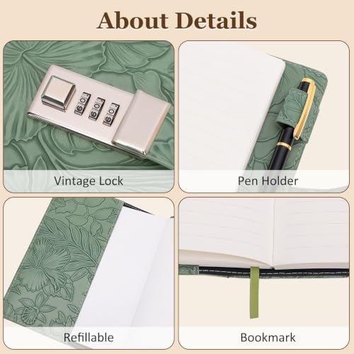 Diary with Lock for Women Girls, Vintage 3D Embossed Journal, 224 Pages & PU Leather & with Pen, Thickened Paper（Green）