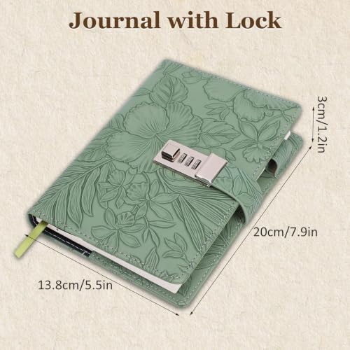 Diary with Lock for Women Girls, Vintage 3D Embossed Journal, 224 Pages & PU Leather & with Pen, Thickened Paper（Green）