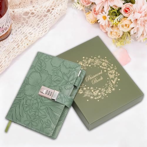 Diary with Lock for Women Girls, Vintage 3D Embossed Journal, 224 Pages & PU Leather & with Pen, Thickened Paper（Green）