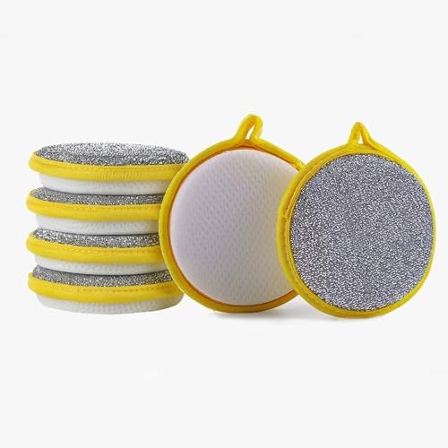 6 Pack Double-Sided Round Dishwashing Sponges - Yellow Nylon-Filament Scrubbing Pads for Cleaning Dishes, Pots, Pans, Sinks & Basins, Tough on Grease, Soft on Surfaces