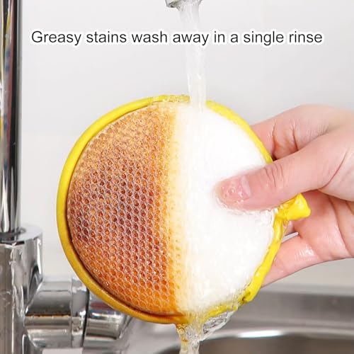 6 Pack Double-Sided Round Dishwashing Sponges - Yellow Nylon-Filament Scrubbing Pads for Cleaning Dishes, Pots, Pans, Sinks & Basins, Tough on Grease, Soft on Surfaces