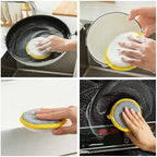 6 Pack Double-Sided Round Dishwashing Sponges - Yellow Nylon-Filament Scrubbing Pads for Cleaning Dishes, Pots, Pans, Sinks & Basins, Tough on Grease, Soft on Surfaces
