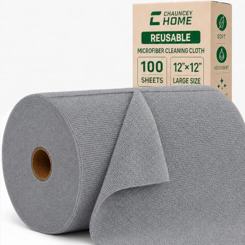 Reusable Microfiber Cleaning Cloth Roll - 100 Pack, 12"x12" Washable Tear-Away Paper Towels, Lint-Free & Streak-Free Rags for Kitchen, Glass, Cars, Electronics, Workshop and Garage(Cloud Gray)