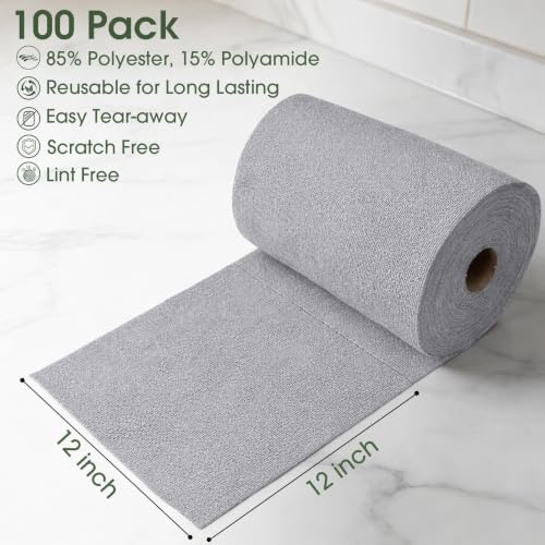 Reusable Microfiber Cleaning Cloth Roll - 100 Pack, 12"x12" Washable Tear-Away Paper Towels, Lint-Free & Streak-Free Rags for Kitchen, Glass, Cars, Electronics, Workshop and Garage(Cloud Gray)