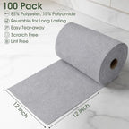 Reusable Microfiber Cleaning Cloth Roll - 100 Pack, 12"x12" Washable Tear-Away Paper Towels, Lint-Free & Streak-Free Rags for Kitchen, Glass, Cars, Electronics, Workshop and Garage(Cloud Gray)