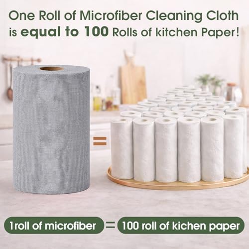 Reusable Microfiber Cleaning Cloth Roll - 100 Pack, 12"x12" Washable Tear-Away Paper Towels, Lint-Free & Streak-Free Rags for Kitchen, Glass, Cars, Electronics, Workshop and Garage(Cloud Gray)
