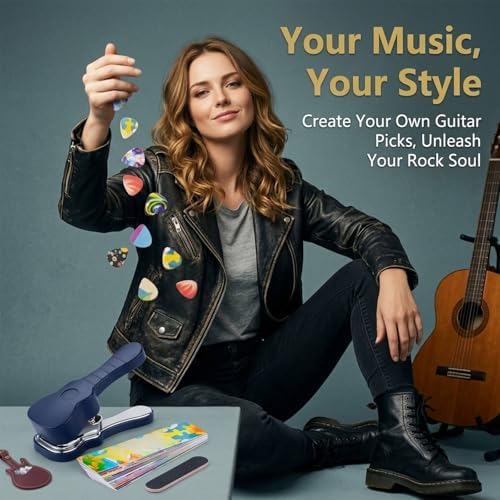 Fashion Guitar Pick Punch Kit, DIY Custom Plectrum Maker Tool with Leather Keychain Holder, File & Pick Strips, Unique Guitar Gifts for Musicians, Men & Women