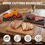 Book Cutting Board Set, Solid Wood Book-Shaped Boards, Labeled Meat & Fish, Cheese & Bread, Fruits & Vegetables, Chopping Board Gift Set for Home Cooks & Kitchen Decor