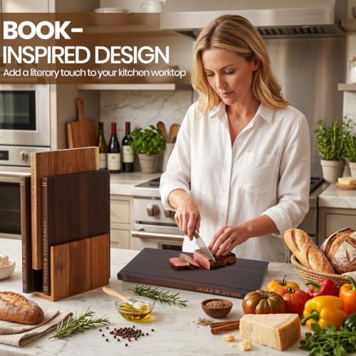 Book Cutting Board Set, Solid Wood Book-Shaped Boards, Labeled Meat & Fish, Cheese & Bread, Fruits & Vegetables, Chopping Board Gift Set for Home Cooks & Kitchen Decor
