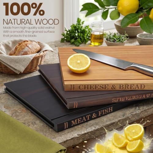 Book Cutting Board Set, Solid Wood Book-Shaped Boards, Labeled Meat & Fish, Cheese & Bread, Fruits & Vegetables, Chopping Board Gift Set for Home Cooks & Kitchen Decor