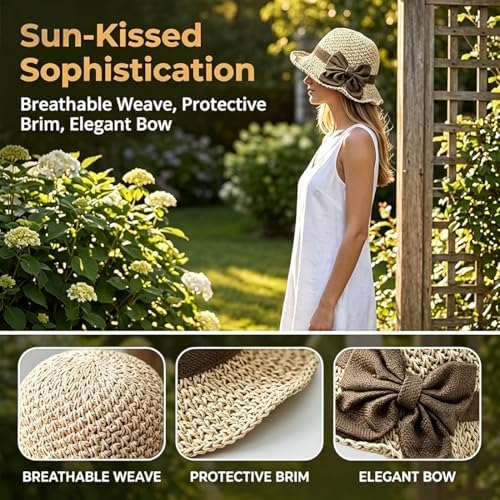 Elegant Woven Straw Sun Hat with Bow, Women Foldable & Breathable Straw Hat for Summer, Wide Brim Sun Hat for Travel
