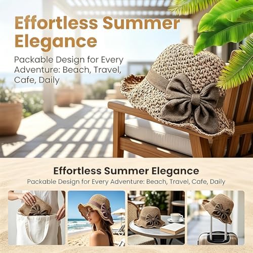Elegant Woven Straw Sun Hat with Bow, Women Foldable & Breathable Straw Hat for Summer, Wide Brim Sun Hat for Travel