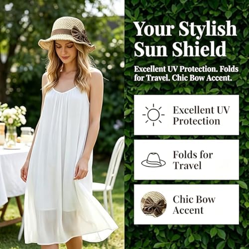 Elegant Woven Straw Sun Hat with Bow, Women Foldable & Breathable Straw Hat for Summer, Wide Brim Sun Hat for Travel